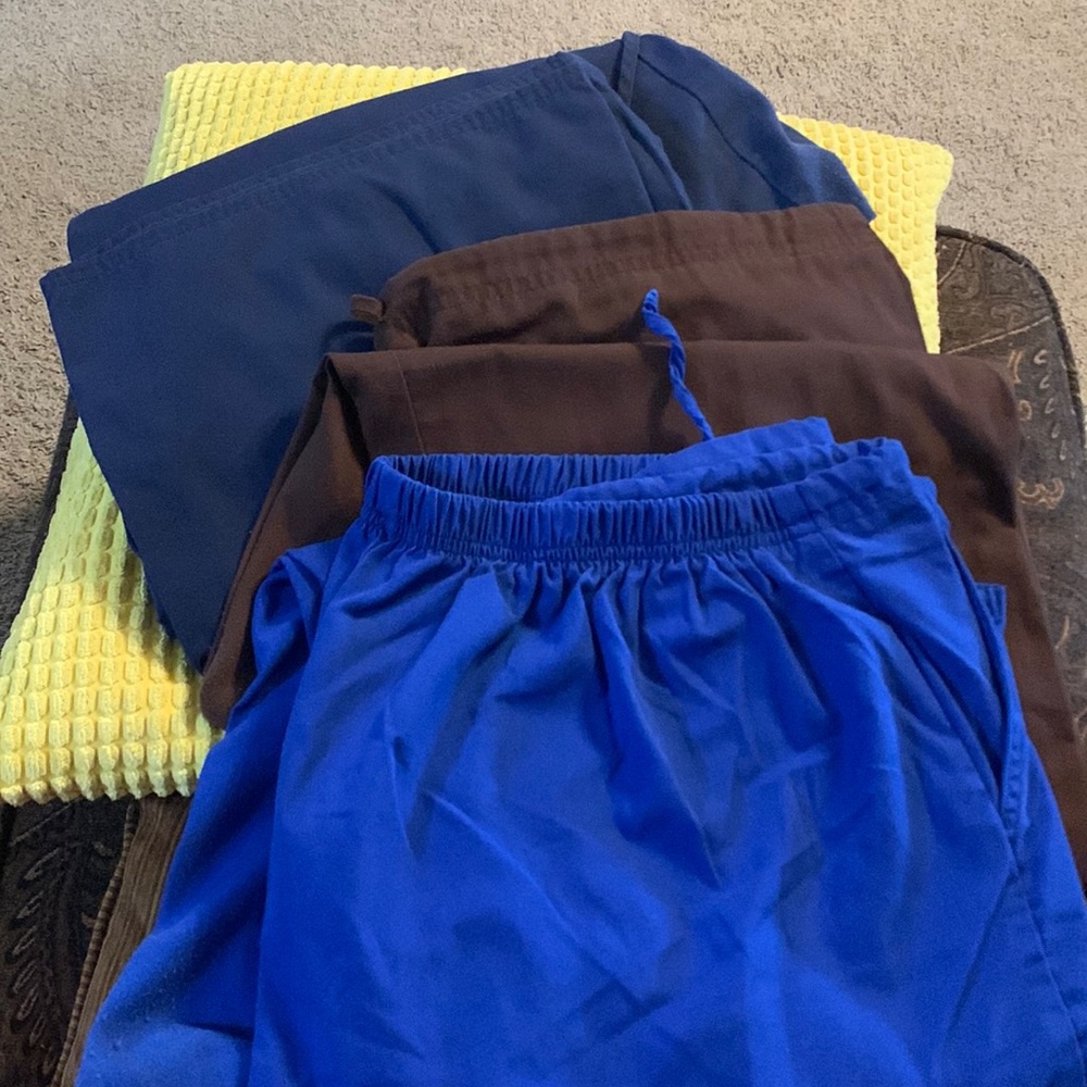 3 pair of work scrub pants, worn, but still in good shape. Pic of crotch’s shown